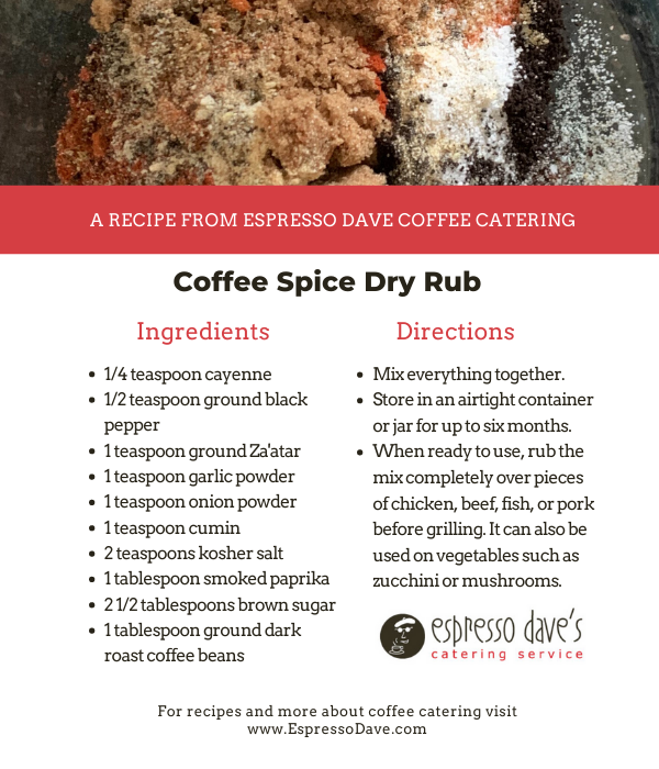 The spice is right! Espresso Dave shares his famous coffee spice dry rub recipe. It's easy and will really add the WOW factor to your grilled meats, poultry, fish and vegetables. Click here for recipe. www.espressodave.com #grilling #dryrub #coffee #summer #summerentertaining #july4 #summerrecipes #spicemix 