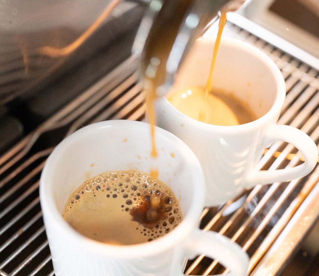 The Best time to drink coffee is when Espresso Dave brews up espresso. Close-up of two espressos being prepared by Espresso Daves Coffee Catering. Tucker Finerty Photography