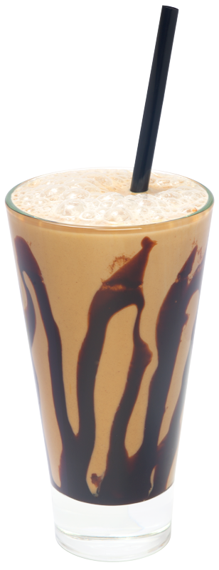 Frozen coffee drink in a glass drizzled with chocolate