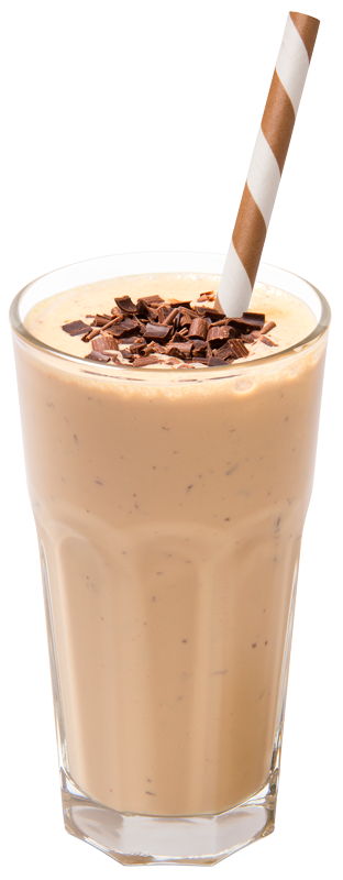 Frozen coffee shake topped with chocolate shavings with paper straw in tall, clear glass